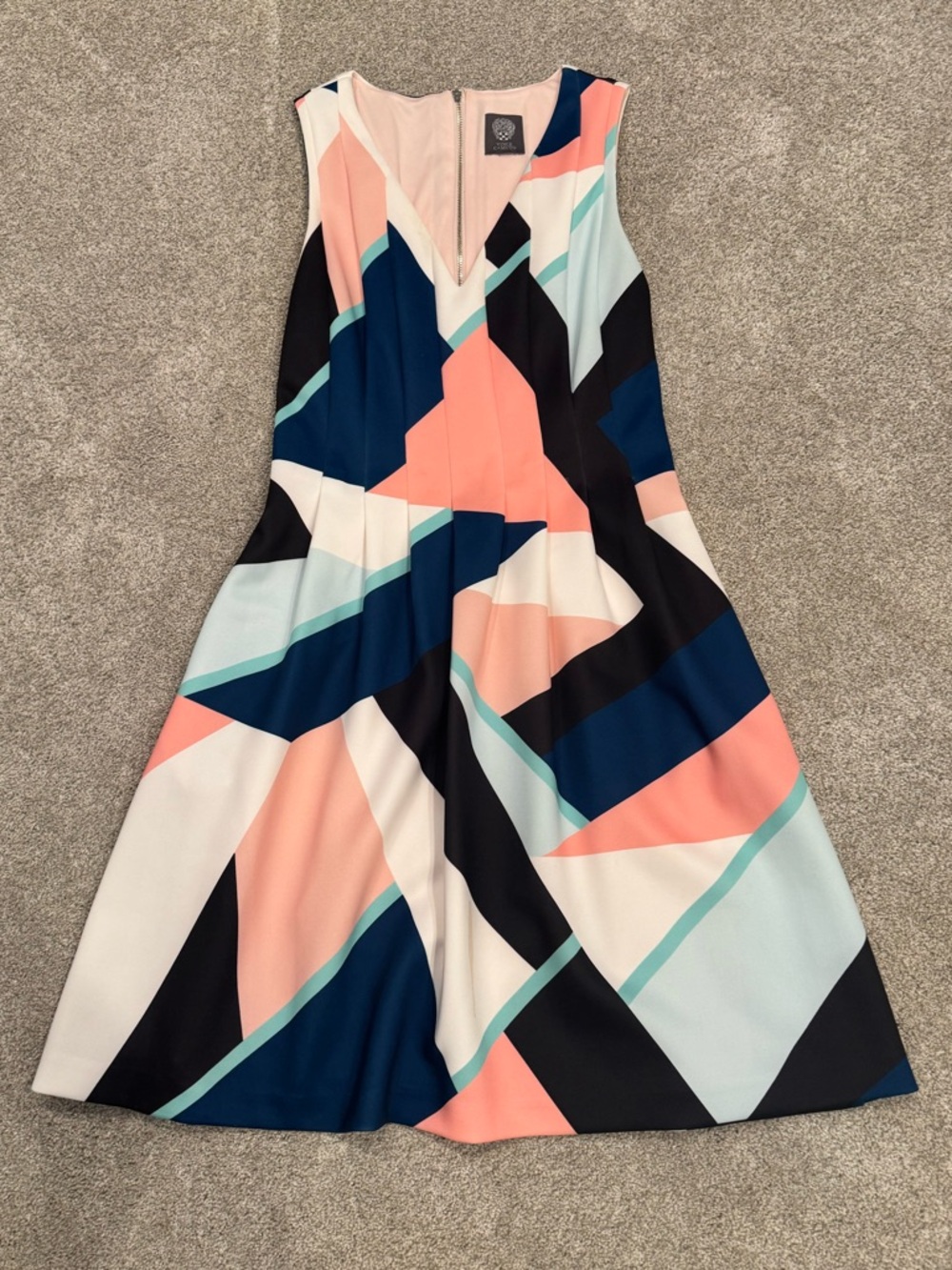 Vince Camuto Sleeveless Geometric Print Dress in Coral, Navy & Mint